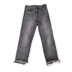 Levi's Wedgie Straight Cropped Raw Hem Distressed Denim Jeans Gray 26
